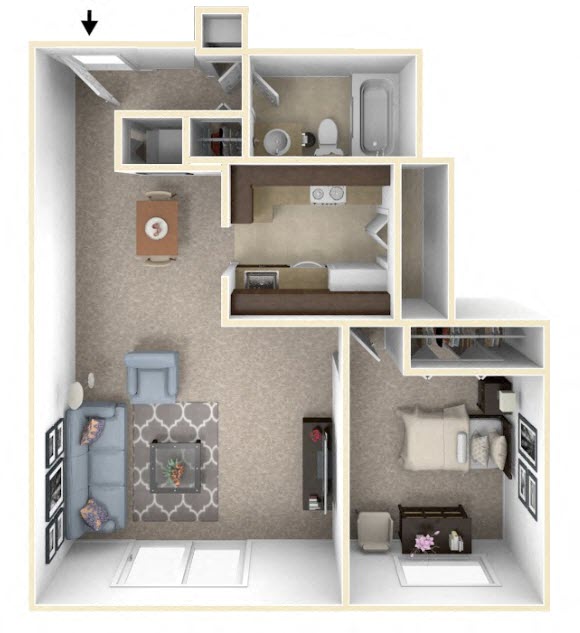 Floor plan for 1 bed, 1 bath, 680 sqft